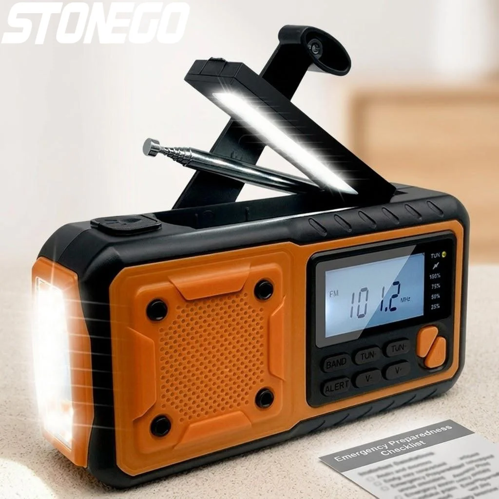 

Portable Solar Crank AM FM Radio LED Flashlight 4000mAh Power Bank Emergency Charger Outdoor Camping Weather Alert