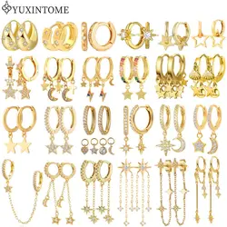 YUXINTOME 925 Sterling Silber Ohr Nadel frauen Zirkon Hoop Ohrringe Stern/Mond/Platz Tropfen Huggie Ohrringe Partei luxus Schmuck