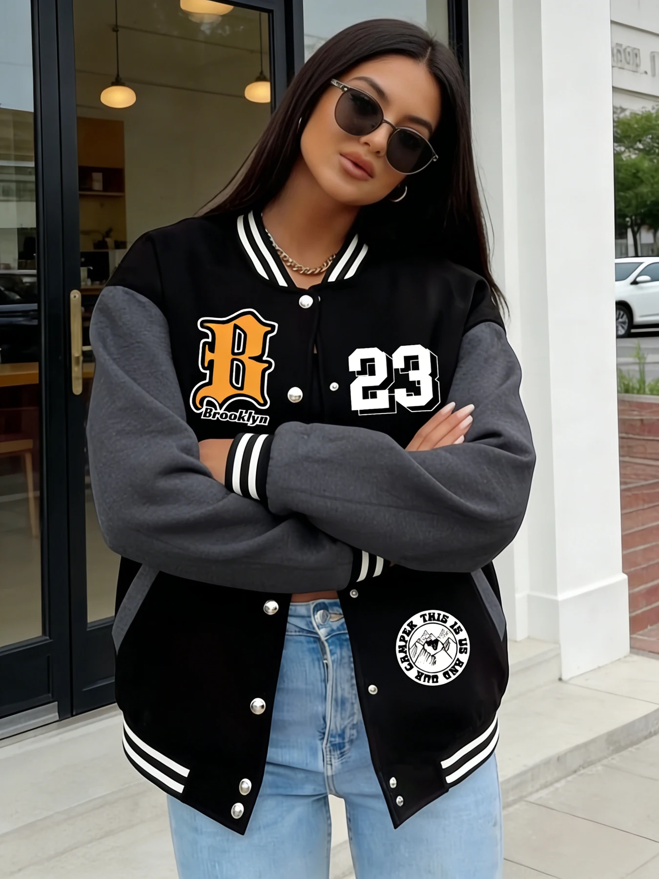 Women Oversize Baseball Jacket Brooklyn "B" 23 Number Print Casual Varsity Coat Fashion Streetwear Outerwear Trendy Loose Jacket