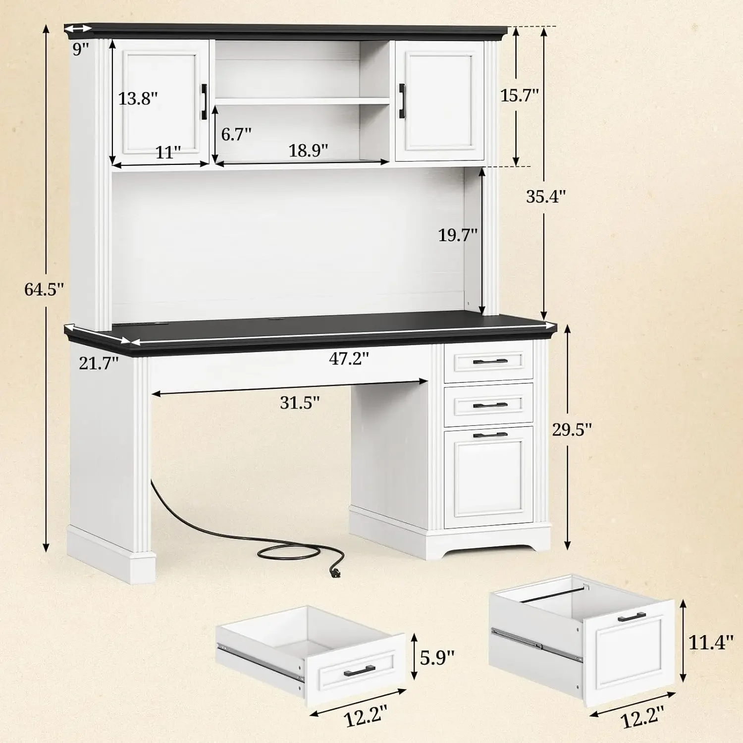 Farmhouse Computer Desk with Hutch and 3 Drawers, 47.2" Executive Office Desk with Storage DrawersWood Desk with Power Outlet fo