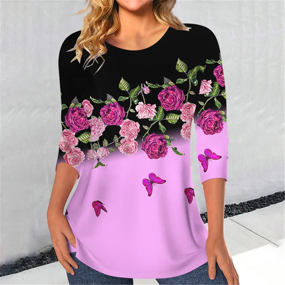 Women\'s Casual Rose Print T Shirt For Women Elegant Fashion Female Clothes Streetwear Vintage Long Sleeve Loose Tops Oversized