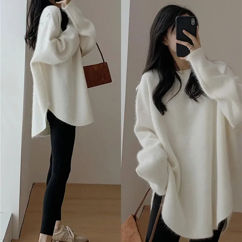 Loose Cashmere Sweater Women Lazy Style Korean Mid Length Knitwear Y2k Vintage French Solid Color Pullover Winter Split Jumper