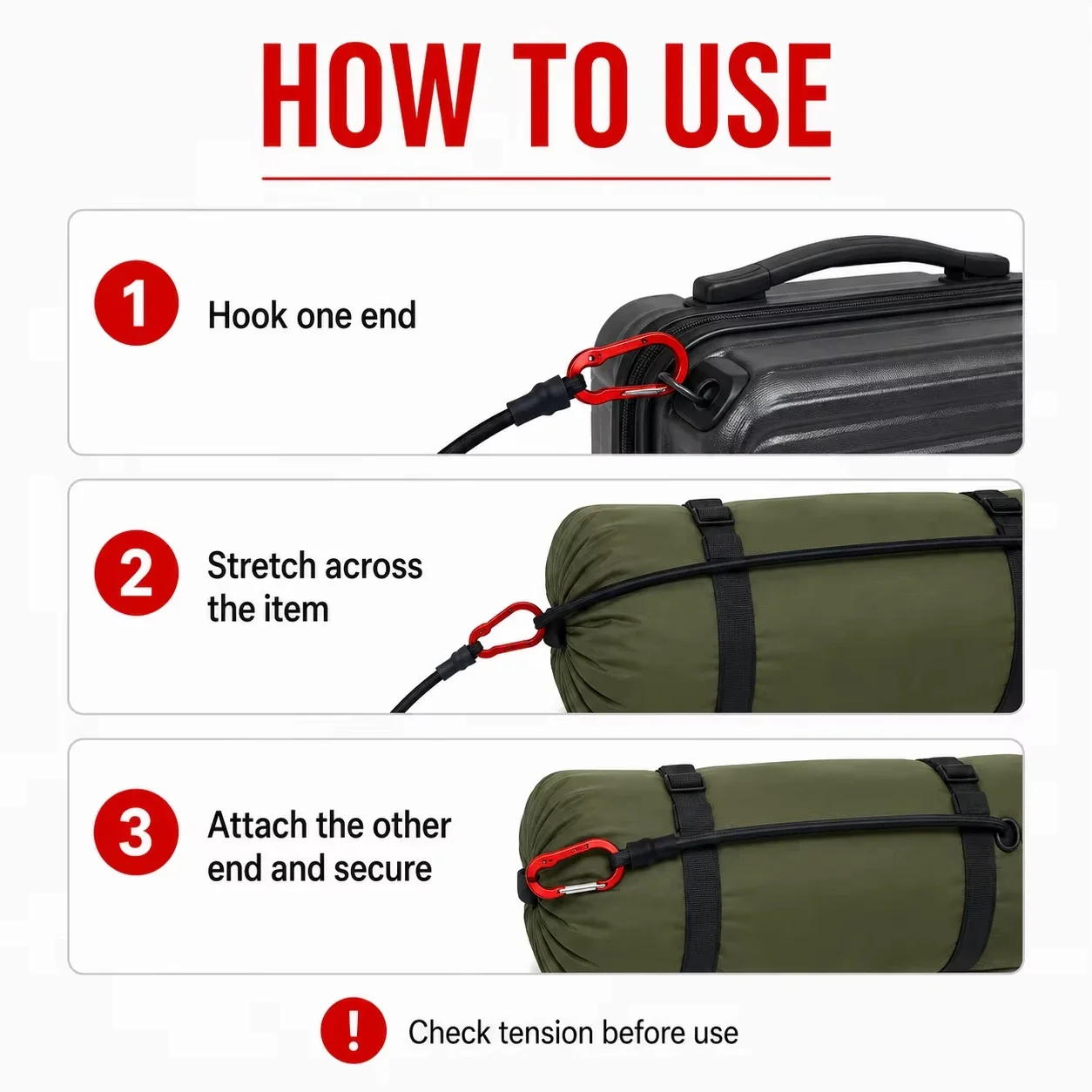Heavy Duty Bungee Cord Elastic Tensioning Belts Tie Strap String Carabiner Hooks for Kayak Cycling Luggage Packing Ropes Camping