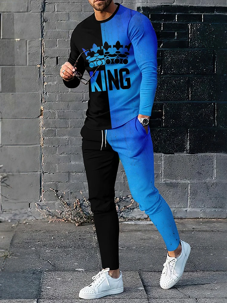 2025 Color-coded Letter Print Men's Suit Urban Street Trend Outdoor Casual Fashion Round Neck Long Sleeve T-shirt And Pants Suit