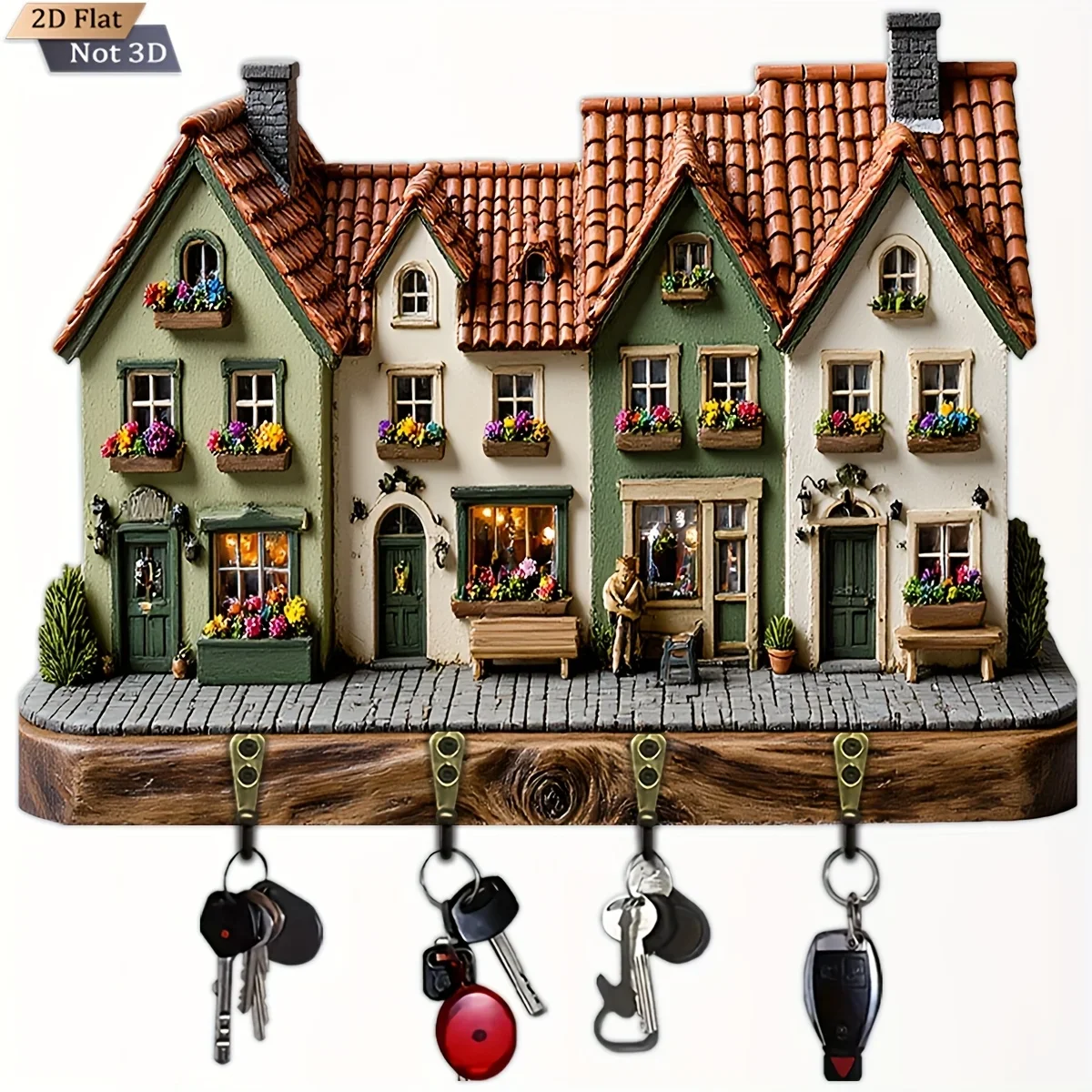 2D Flat, 1pc, Key Hook for Row House with Light and Stained Glass Window, Wooden Multifunctional Home Key Rack, with Four Metal