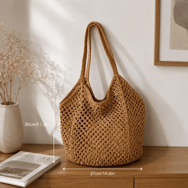 Women Large‑Capacity Woven Tote Bag, Light Breathable Open‑Top Shoulder Handbag for Beach Travel Shopping Commute Daily Use image 3