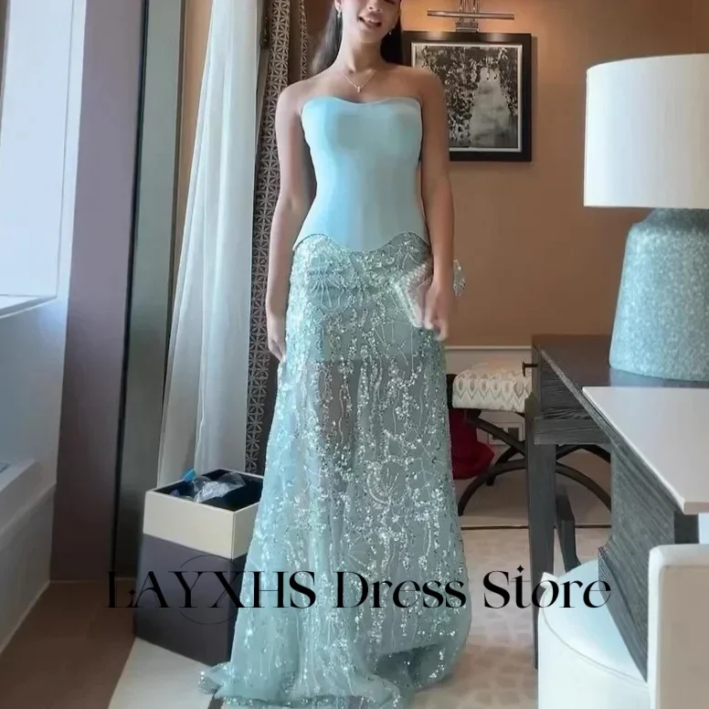 Eleganckie sukienki wieczorowe LAYXHS z dekoltem w serduszko, prześwitujące cekinowe tiulowe sukienki na studniówkę i przyjęcia, szyte na miarę فساتين سهرة