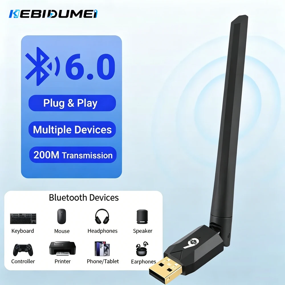 KEBIDUMEI USB-Bluetooth-Adapter, Bluetooth 6.0-Dongle für PC, Windows 10/11, Bluetooth-Empfänger für Mäuse, Tastatur, Kopfhörer, Lautsprecher