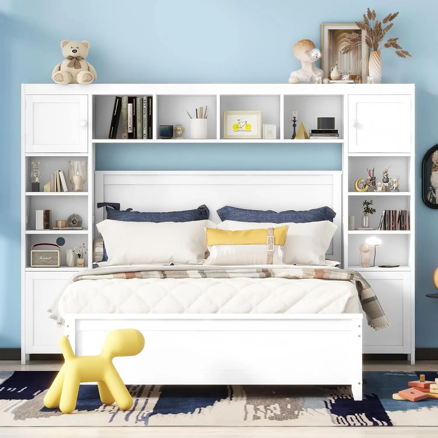 Full Bed Frame With 4 Storage Drawers, Wood Full Size Platform Bed With Cabinet And Shelf, Full Storage Bed With Support Legs