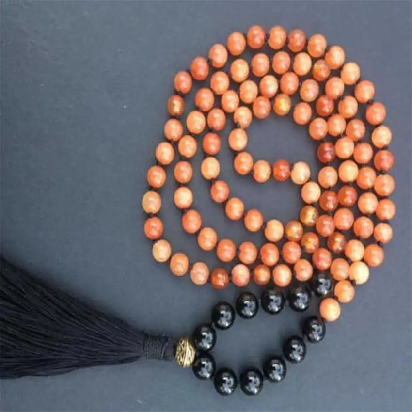 

Natural Sunstone 108 Beads Mala Necklace with Black Obsidian Accent & Black Tassel Spiritual Meditation Jewelry