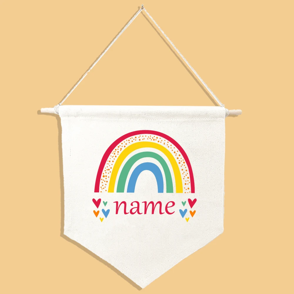 Personalised Rainbow with Name Canvas Style Hanging Flag Pennant Sign Gift New Baby Kids Room Wall Art Banner Decor Shower Gifts