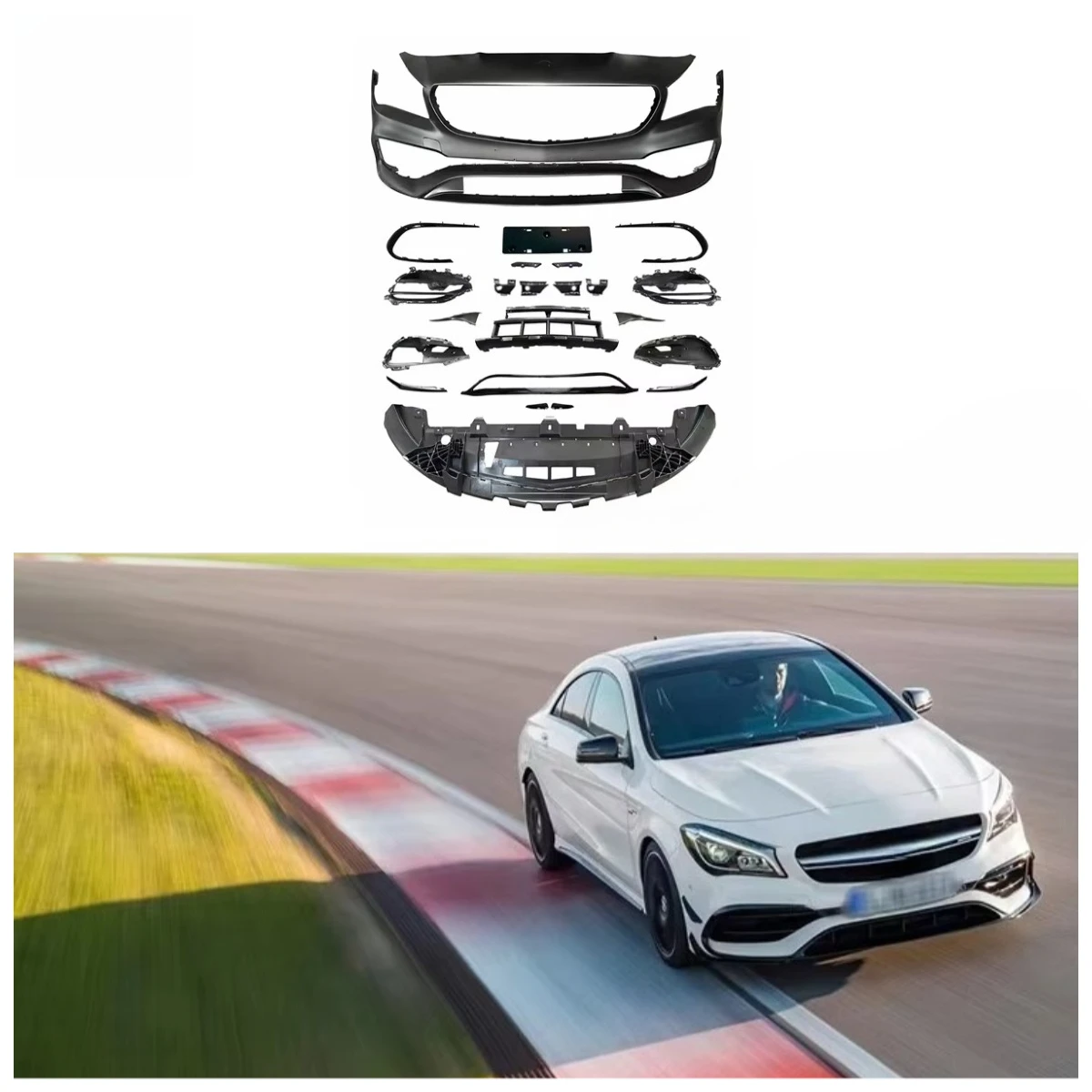 

Комплект обвеса в стиле CLA45: передний сплиттер, задний диффузор, боковые пороги, вентиляционные отверстия, спойлер, аксессуары для кузова, передний бампер для W117 2016-2018