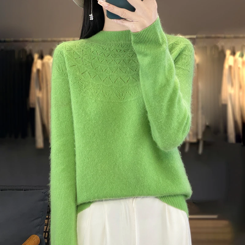 

Spring and Autumn First-line Ready-to-wear Wool Knitwear Women's Semi-high Collar Loose Top Hollow Fashion Sweater Bottom Shirt