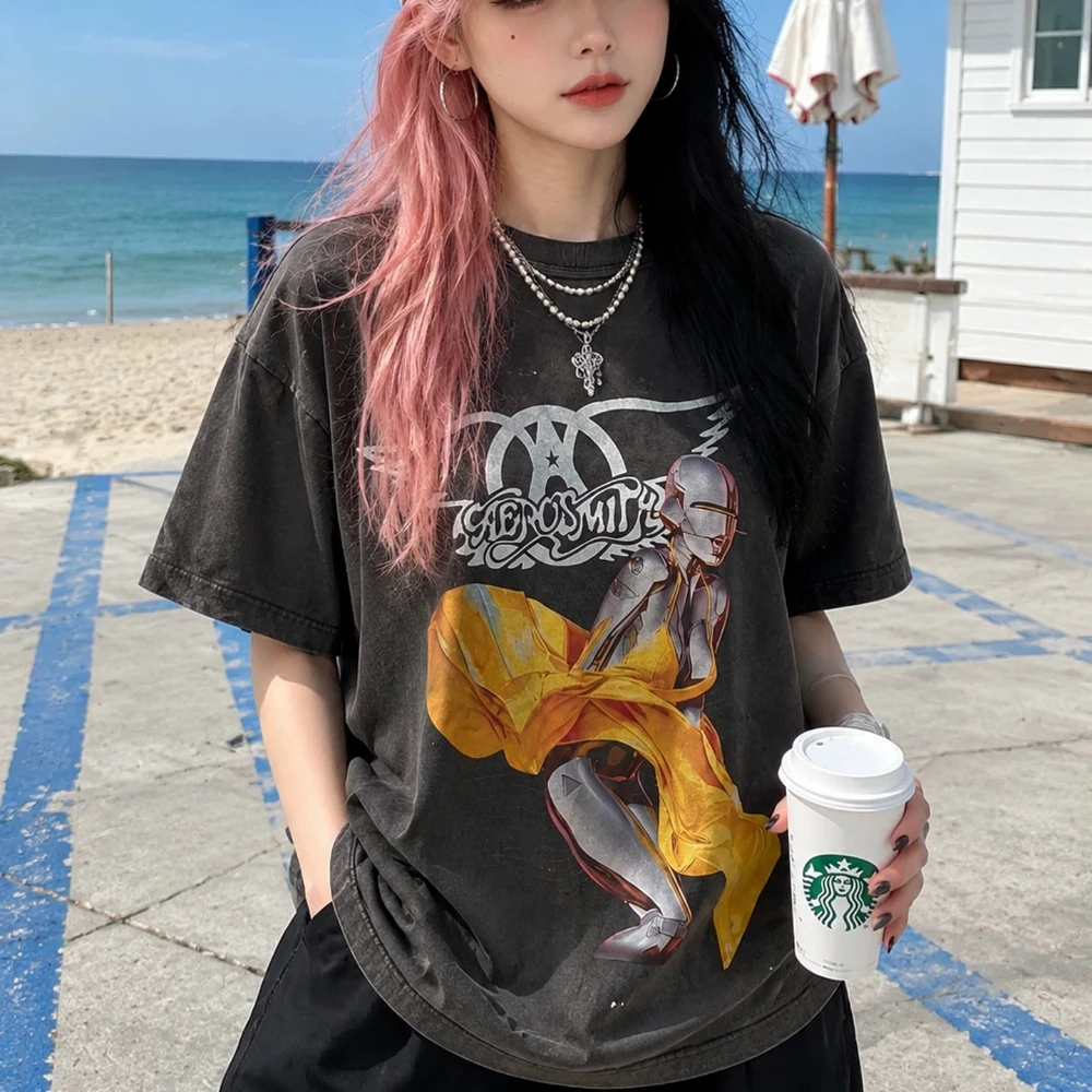 Camiseta de Hombre 26SS Kanye West Vintage, Holgada, de Manga Corta, Estilo Urbano, con Estampado de Letras de Personajes de Anime, Hip Hop, AEROSMITH