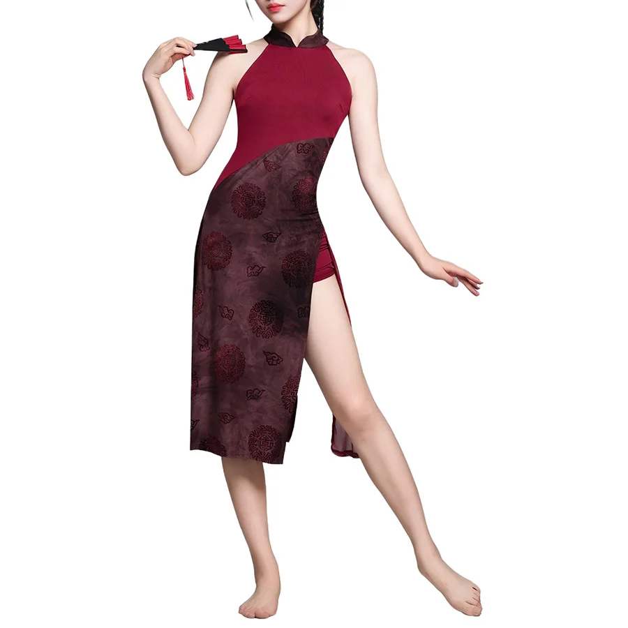 2 Styles Chinese Qipao Dance Dress Mesh Long Sleeve/Halter Printed High Slit Skirt Classical Fan Dance Performance Costume