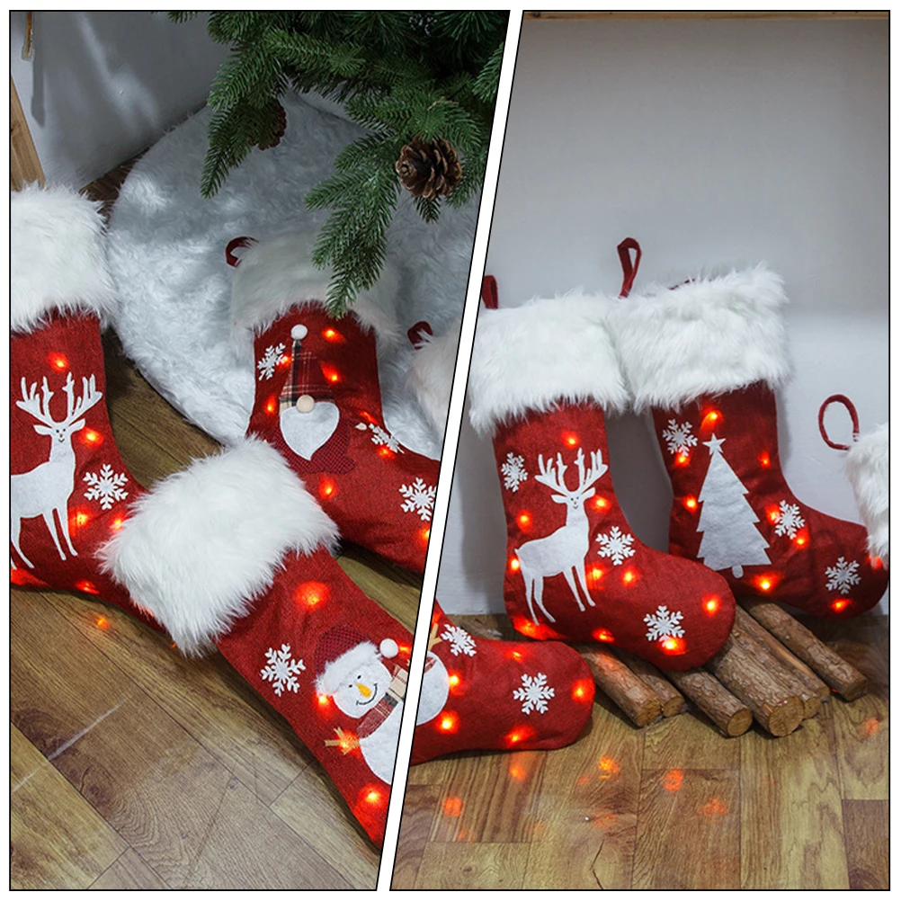

1pcs 2024 New Design Christmas Stocking Embroidery Gift Bag With Lights Xmas Tree Hanging Ornament Holiday Party Decoration