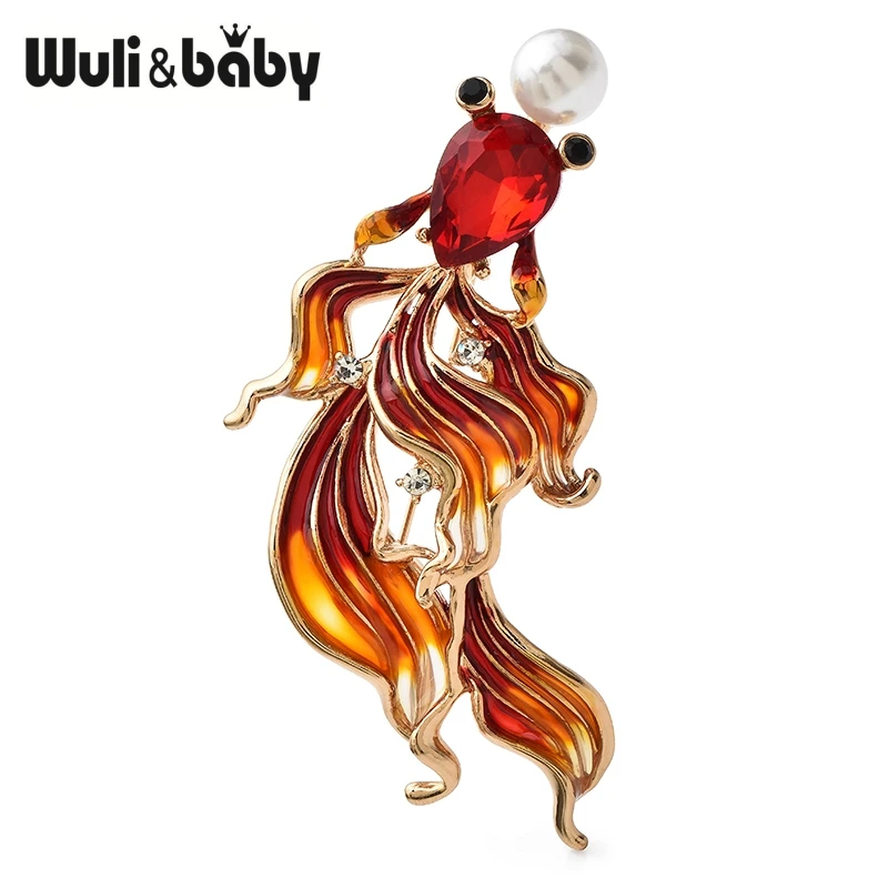 Wuli&baby Enamel Long Tail Goldfish Brooch Pins 4-color Metal Beautiful Swimming Fish Animal For Women's Clothes Pin Gifts