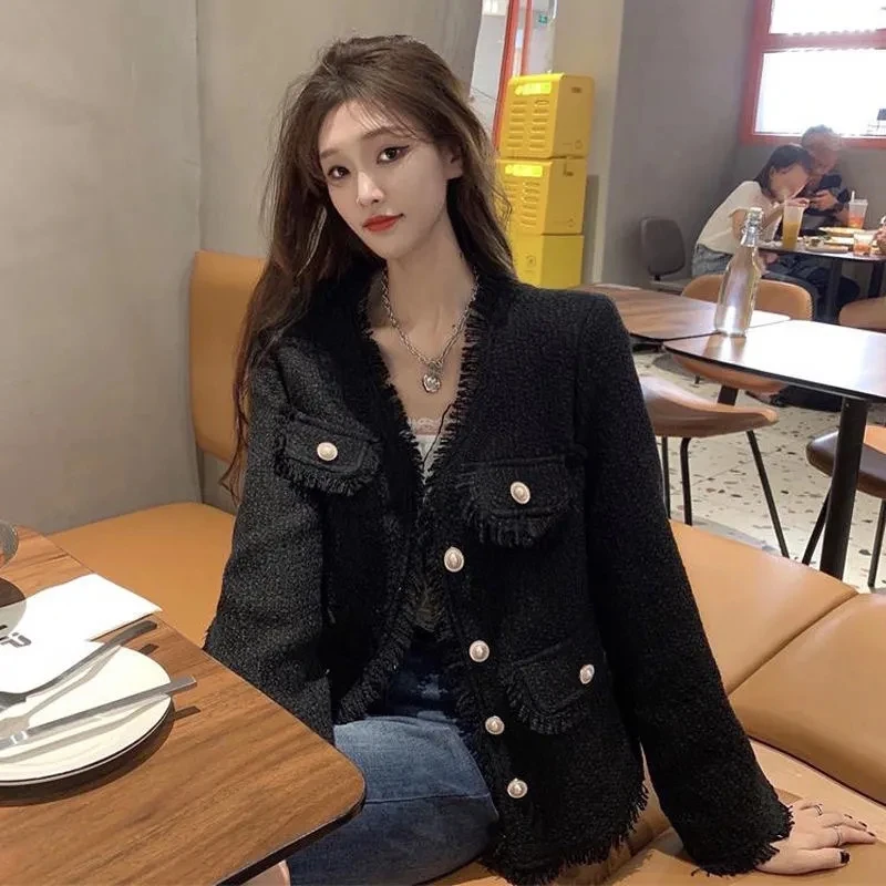 2024 Spring Autumn New Foul Words Fringe Jacket Women Outwear Fashion Loose Long-Sleeved V-Neck Single-Breasted Woolen Coat Tops