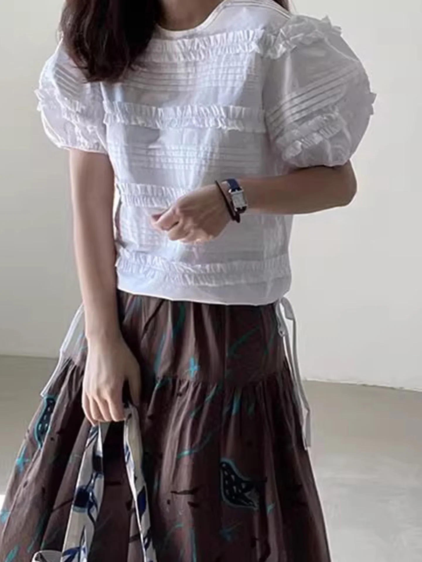 

Liangliang Summer New Gentle Heavy Wood Ear Lace Splice Design Pleated Bubble Sleeve Shirt Women's Top Korean Style Loose Fit