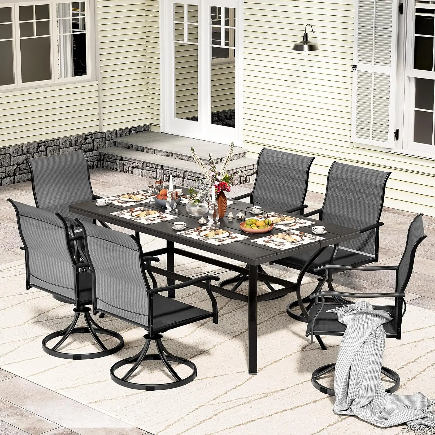

7 Piece Outdoor Patio Dining Set with 6 Swivel Dining Chairs 1 Large Round Dining Table Bistro Furniture Set for Lawn Garden