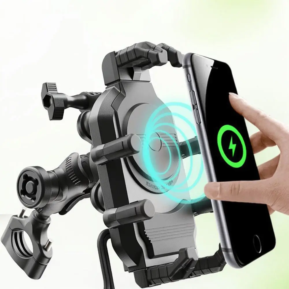 Motorcycle Phone Mount Wireless Charging 15W Navigation Holder Shockproof Anti Theft Handlebar Clip For Smartphone