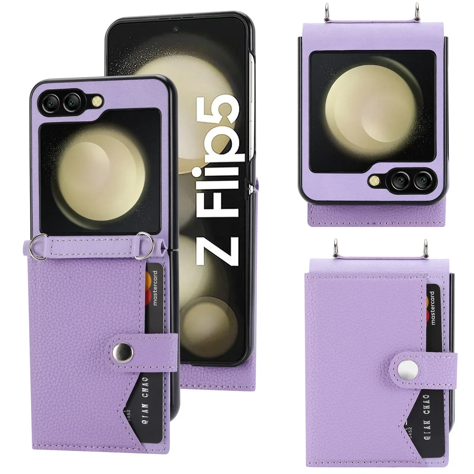 

Phone Case For Crossbody Cards Solt Wallet Leather Case Samsung Galaxy Z Flip 6 5 4 3 5g Flip5 Long Lanyard Rope Bag Purse Pock