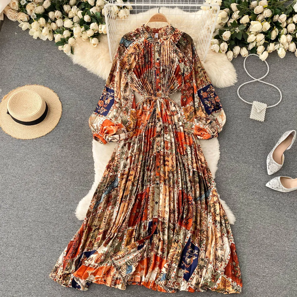 

Retro Print Elegant Pleated Chiffon Long Sleeve Dress A-line Casual V-neck High Waist Women Summer Dresses