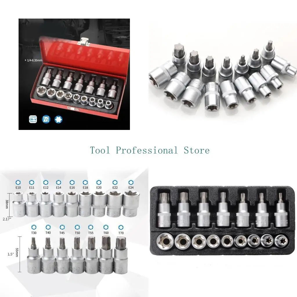 57QF Torx Bit Socket Set with for Case E10-E24 T30-T70 16 Pcs Steel Star Bit Set for Cr-V Steel 1/2-inch Drive Hand Repair To