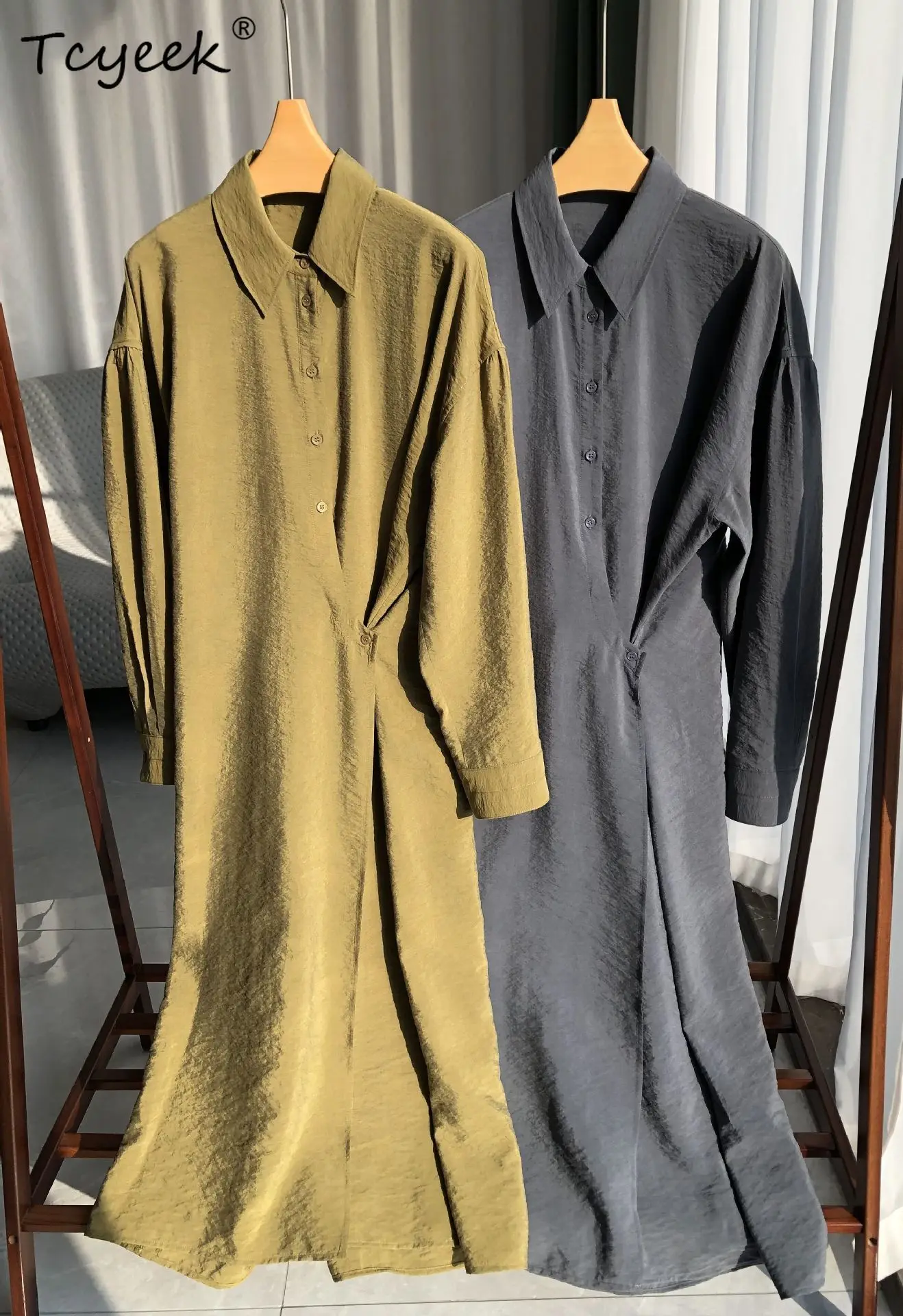 

Tcyeek 17.9MM 74.9%Real Dry Silk Dresses for Women, Turn-down Collar Fold, Elegant Fashion Dress, 2024 Spring Loose D41581QM