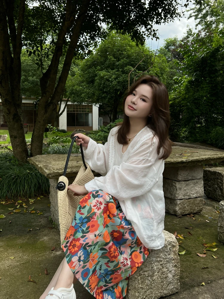 

Faionable plus Size Floral Print f Skirt Loose Women's Micro Fat High Waist Elastic Summer Casual Skirt A-Line Long Skirt