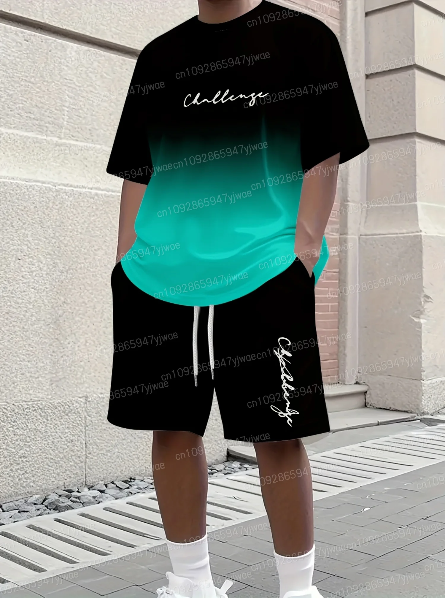 Summer Men Gradient lightning Men's 2 Pieces Set Adult Sportswear Fitness Set Men's Tracksuit 2 Pieces Set Oversized Clothes