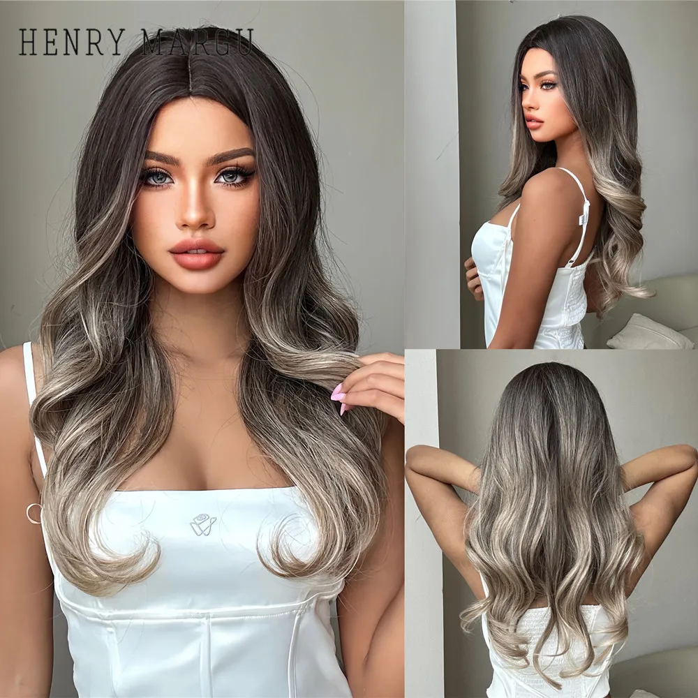 HENRY MARGU Ash Brown Ombre Wavy Wigs Synthetic Long Hair Wig with Bangs Middle Part Dark Roots Women Wig Heat Resistant Fiber