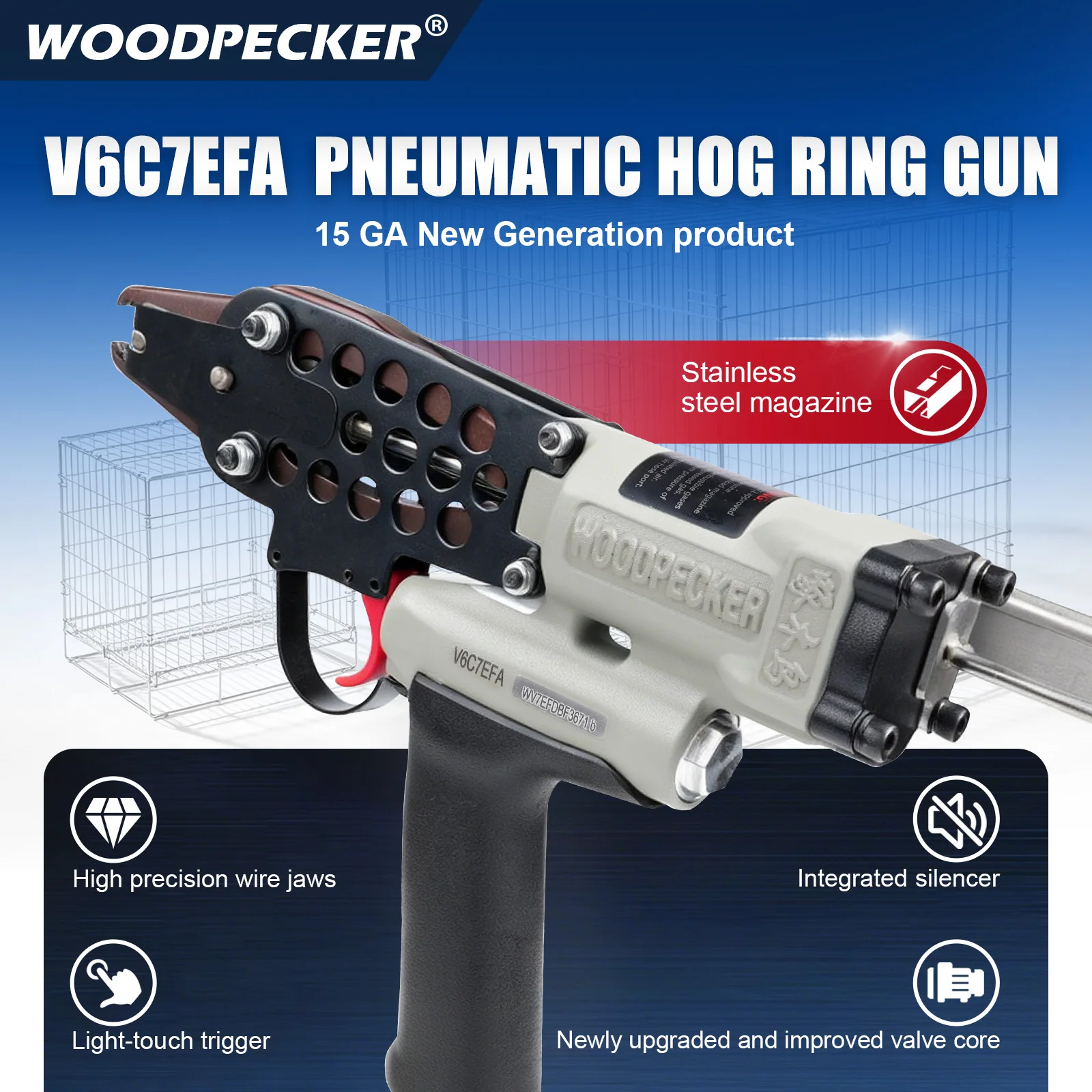 Woodpecker V6C7EF 15-Gauge Upgraded Trigger Pneumatic with Long Nose 3/4-Inch Crown, 7mm-8mm Closure Diameter for Cage, Fence