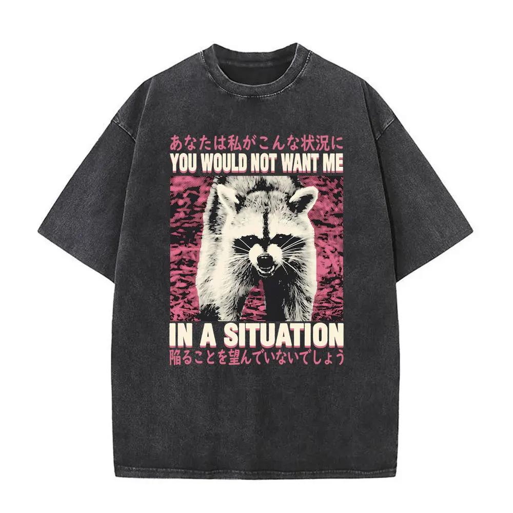 You Would Not Want Me in A Situation Washed Vintage Funny Meme Raccoon Print T-shirt Men Women Casual Oversized Cotton T Shirts