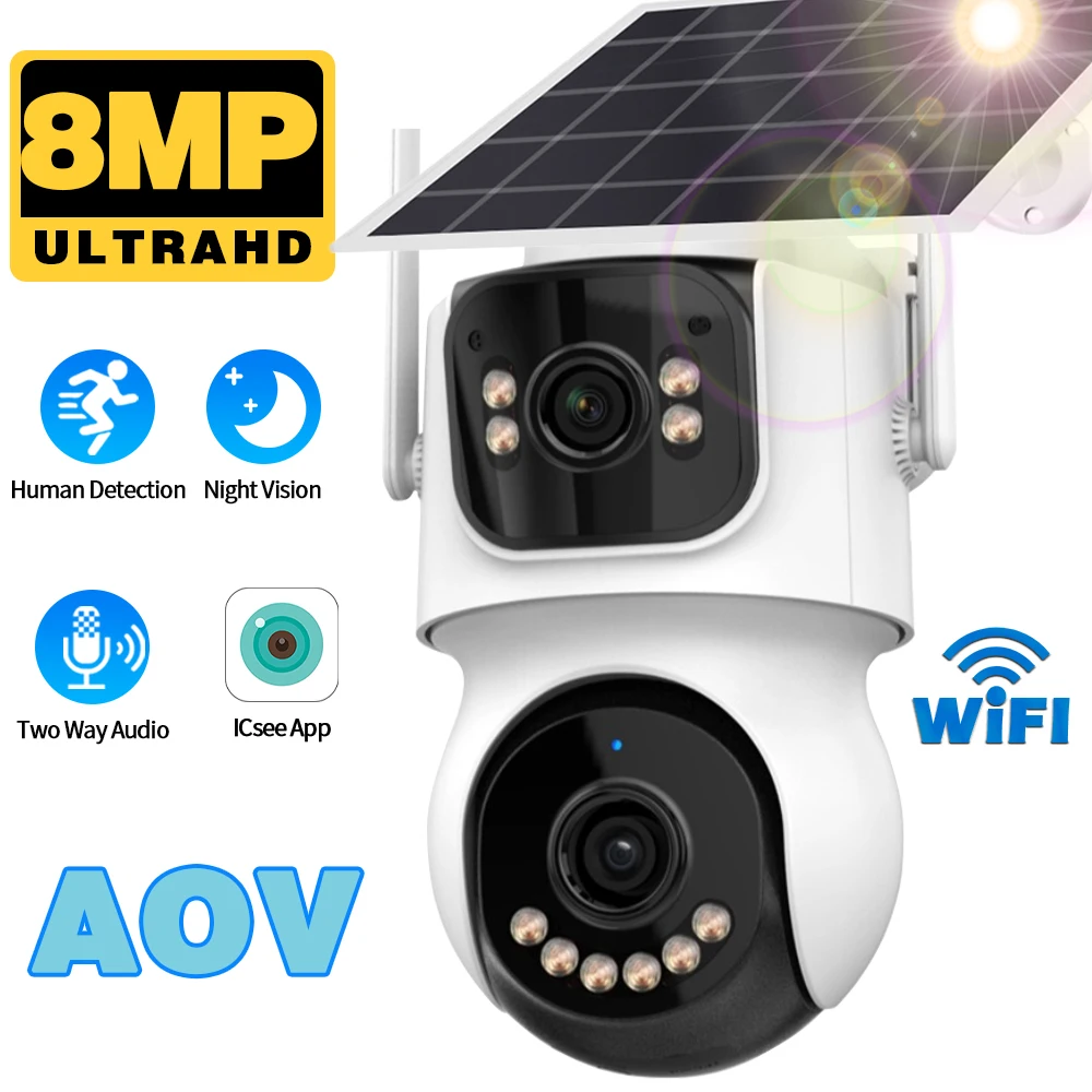 

Icsee Wi-Fi Солнечная камера 8MP Открытая интеллектуальная полноцветная камера ночного видения высокой четкости для наблюдения 24-часовая видеокамера AOV