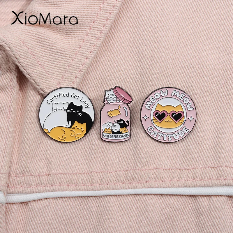 Certified Cat Lady Enamel Pin Cartoon Meow Catitude Anti Depressants Ainmal Brooches Lapel Badge Jewelry Gifts