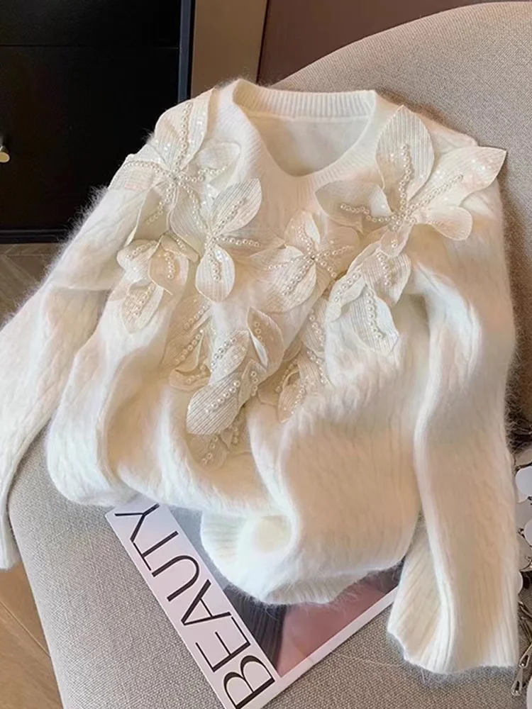 

Women White 3D Floral O-Neck Pullover Long Sleeve Knit Sweater Harajuku Vintage 2000s Oversize Cashmere Sweater Clothes Autumn