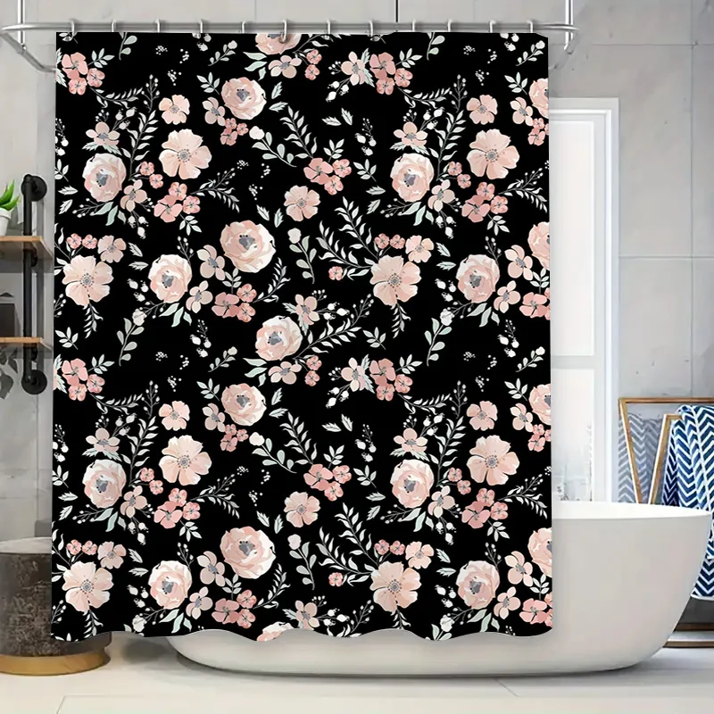 

Черный коврик для ванной с цветочным принтом, занавеска для душа с розовыми цветами для декора ванной комнаты, водонепроницаемая ткань, размер настраиваемого современного стиля Hom
