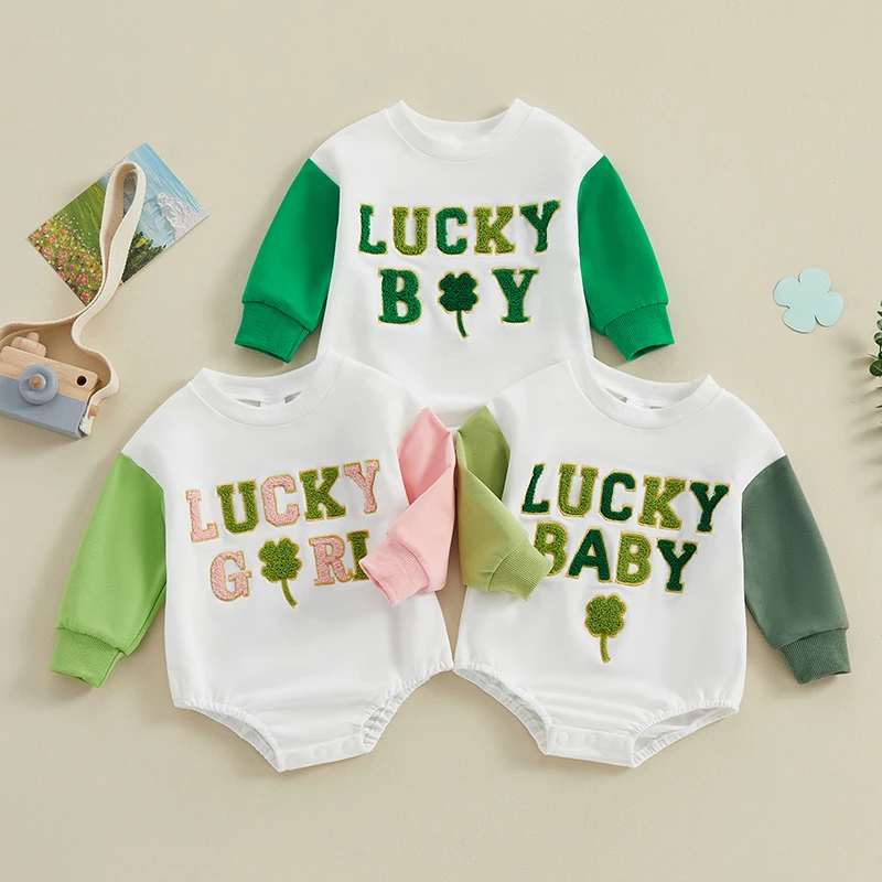 

Newborn Infant Baby Girls Boys Romper Long Sleeve Letters Shamrock Embroidery Romper for Kids Baby Jumpsuit Baby Autumn Clothing