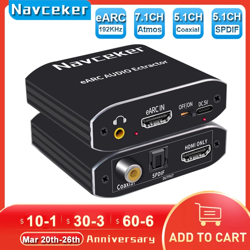 

Navceker 192 кГц HDMI-совместимый аудио экстрактор eARC 7.1CH атмосферы eARC проектор для телевизора HDMI только Toslink коаксиальный конвертер адаптер