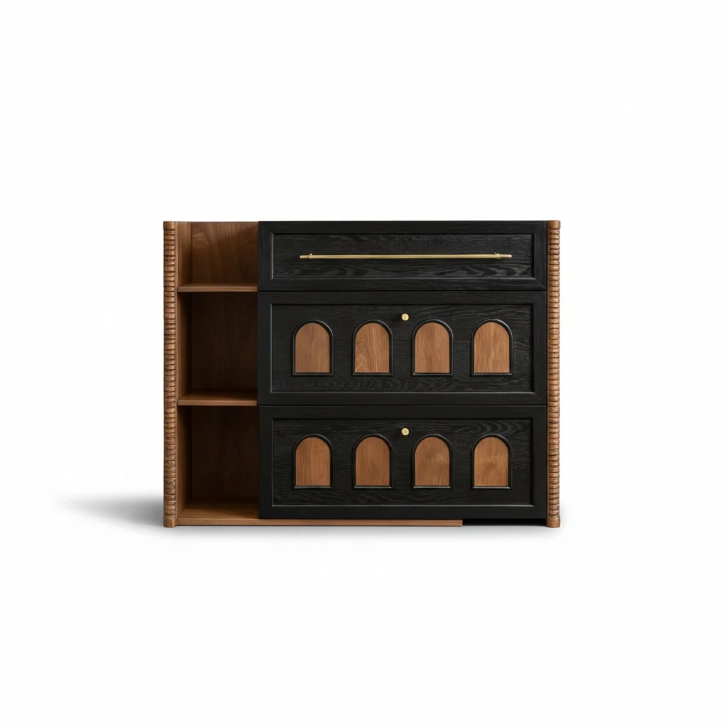 

Wooden Sideboard, Solid Wood Geometric Carved Console Table, Black-Stained Oak, Natural Walnut Cabinet, Modern Hallway Furniture