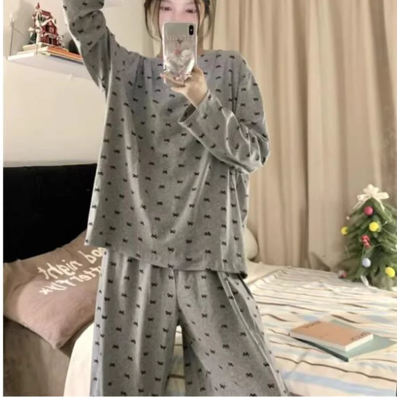 

Сексуальный пижамный комплект, пижамы для женщин на весну и осень, простой повседневный студенческий костюм из двух предметов с длинными рукавами и героями мультфильмов