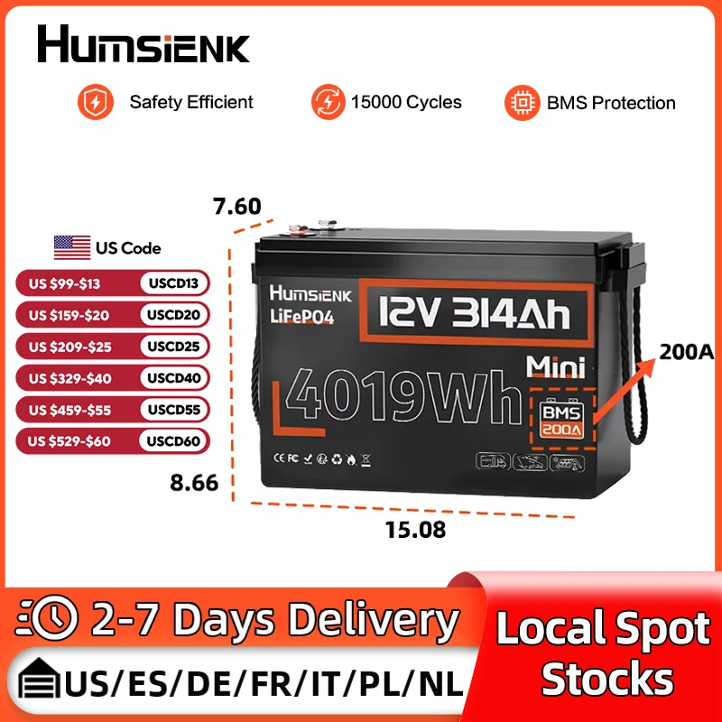

Humsienk 12 В 300 Ач (314 Ач) LiFePO4 литиевая батарея A + элементы 200 А BMS для автодома/яхты/кемпера/внедорожника/домашнего хранения резервного питания