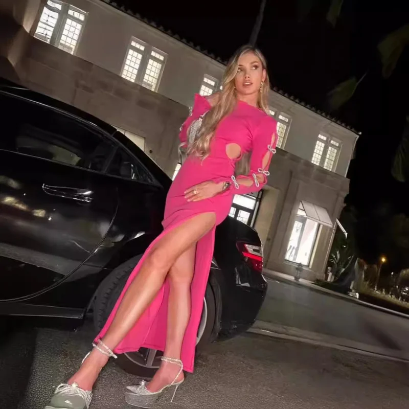 

New Rose Red Bowknot Hollow Out Pattern Long Dress Stretch Knit Bandage Waist Dress European and American New Women's Fashion