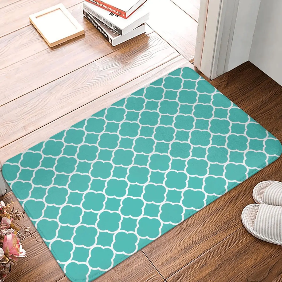 Quatrefoil Pattern Teal Doormat Anti-Slip Entrance Kitchen Bathroom Door Floor Mat Garage Carpet Rug