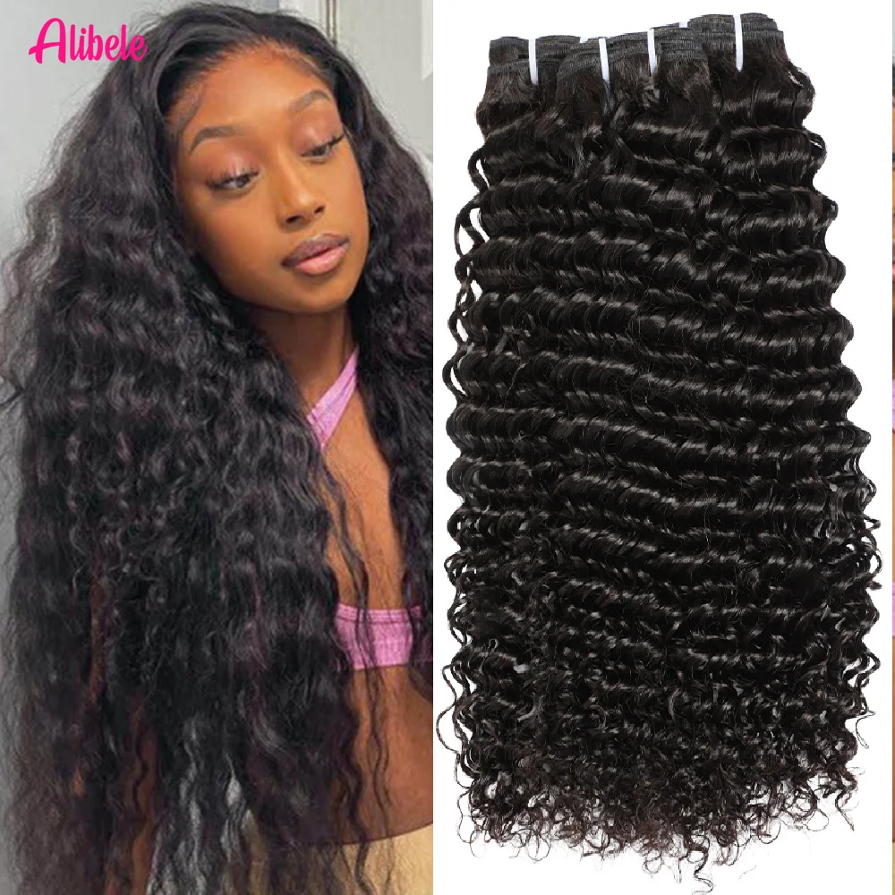 

Alibele 12-32 дюймов пучки человеческих волос с глубокими волнами 15A вьющиеся девственные волосы для наращивания двойной уток пучок натуральный черный для женщин
