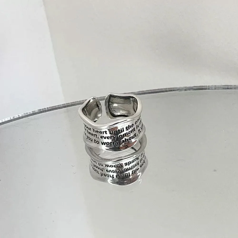 Trendy Vintage 925 Sterling Silver Irregular Wavy Concave Letter Engraved Text Open Wide Band Rings for Women Hip Hop Jewelry