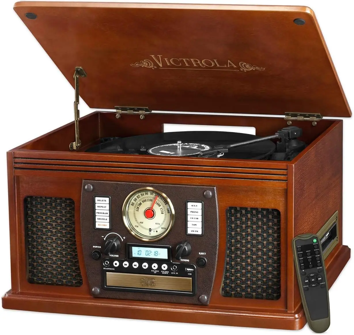 

8-in-1 Bluetooth Record Player with Turntable, CD, Cassette, Radio, USB - Vintage Wood Design for Home Entertainment