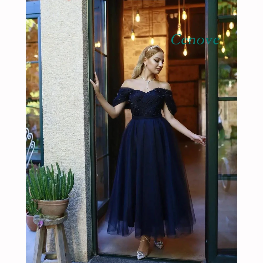 Cenove abito da ballo con scollo a barchetta blu Navy in rilievo con abito da sera elegante estivo da sera in Chiffon per donna 2023