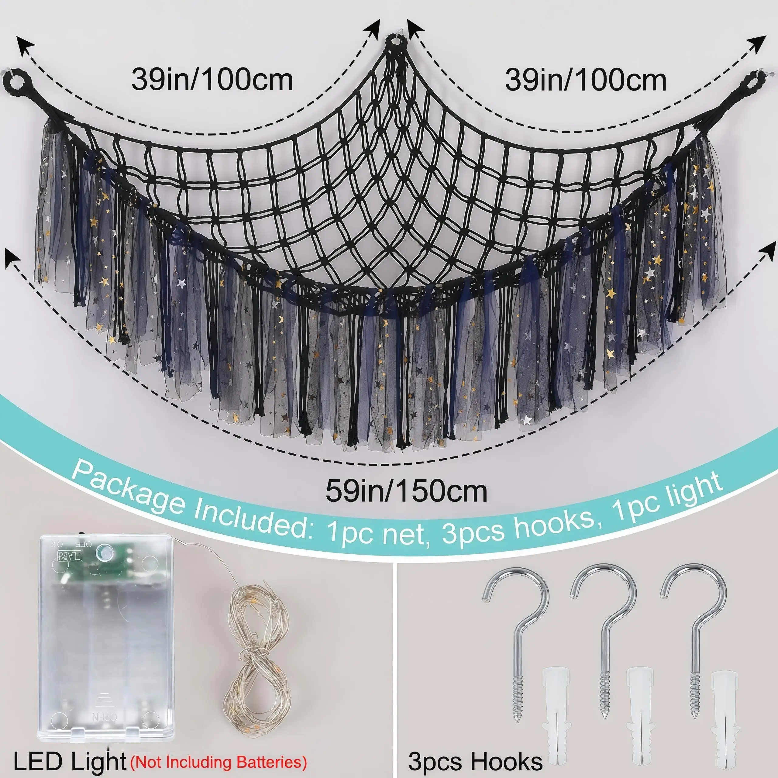 Hanging Stuffed Animal Hammock with LED Light Macrame Plush Toy Storage Net Organizer Large Wall Corner Mesh Space Saver for Kids Girls Nursery Bedroom Playroom Boho Decor